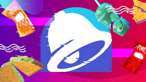 Taco Bell 標誌搭配玉米餅、飲料和薯片，呈現色彩繽紛的故障效果數位設計。 — 塔可 壁紙