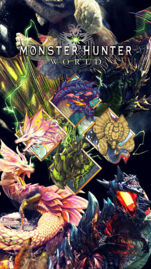 《魔物獵人 世界》宣傳藝術作品， featuring 多種色彩繽紛的奇幻魔物。 — 魔物獵人 世界 壁紙