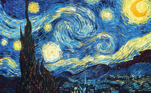 夜空中有旋轉的星星和一棵高大的柏樹，下方是一個小村莊。 — 名畫 壁紙
