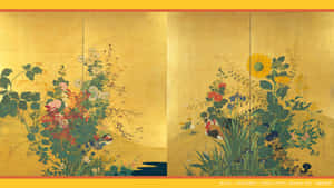 傳統日本屏風畫，以金色背景襯托鳥和花卉。 — 067 魷魚遊戲 壁紙