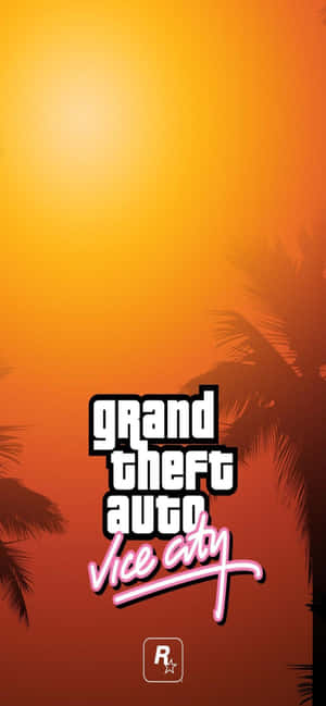 Grand Theft Auto Vice City 標誌在日落和棕櫚樹的背景下。 — 電玩遊戲 GIF 壁紙