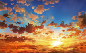日落天空，橙紅色雲彩在深藍色地平線上發光。 — 日落 壁紙