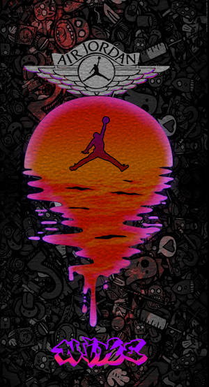 Air Jordan 標誌，帶有跳躍的剪影，位於滴落的日落之上，背景是黑暗的塗鴉背景。 — 霓虹紫 壁紙