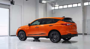 帶黑色輪胎的橙色SUV，位於帶反射地板的白色工作室中。 — Acura 壁紙