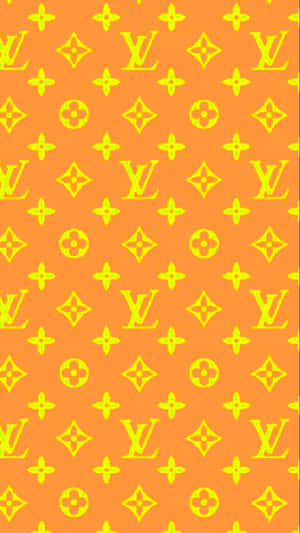 橙色背景，帶有黃色 Louis Vuitton 字母組合和花卉圖案。 — 簡約暗黑美學 壁紙