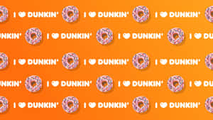 橙色背景，重複的粉紅色糖霜甜甜圈和 I heart Dunkin 文字。 — Dunkin Donuts 壁紙