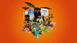 Minecraft 角色和生物以像素化人群形式聚集在橙色背景上。 — 我的世界 壁紙