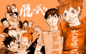 身穿橙色制服、帶有粗體日文字和充滿活力表情的排球運動員動漫團隊。 — 排球少年 壁紙