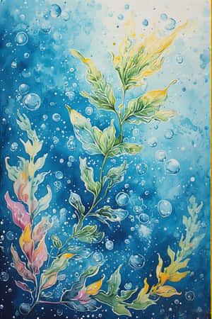 色彩繽紛的海藻，氣泡在藍色水下場景中上升，以水彩風格繪製 — iPhone 4 壁紙
