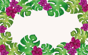 水彩風格熱帶葉子和花朵邊框，中心空白。 — 植物美學 壁紙