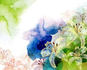 在水彩背景上帶有線條藝術細節的彩色百合。 — 花朵美學動態圖 壁紙