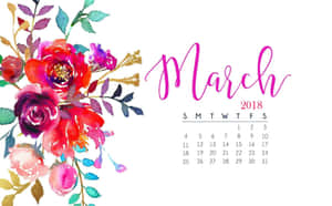 2018年3月日曆，左側有色彩繽紛的水彩花卉。 — 三月 壁紙