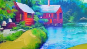 綠色森林中河流旁的紅色小屋，以鮮豔色彩繪製。 — 1280x720 壁紙