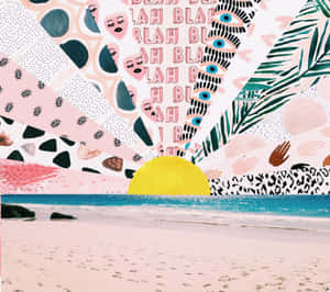 風格化的海灘日落，帶有心形、眼睛和棕櫚葉的抽象圖案。 — Vsco 壁紙