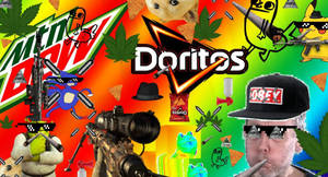 Doritos Mountain Dew 標誌、卡通人物、槍支和大麻葉的拼貼畫。 — 搞笑迷因 壁紙