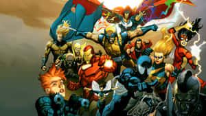 一群漫畫超級英雄擺出動作姿勢，帶有能量效果。 — 漫威復仇者聯盟 壁紙