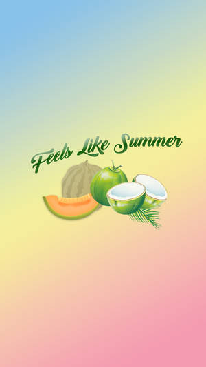 夏日水果在色彩繽紛的漸變背景上，帶有「Feels Like Summer」文字。 — 水果 壁紙