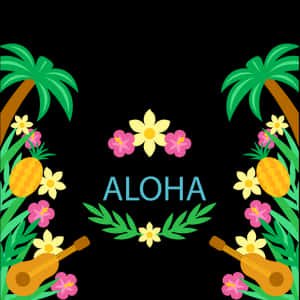 熱帶夏威夷風格設計，棕櫚樹、鳳梨、花朵和烏克麗麗環繞著「aloha」一詞。 — iPad Pro 13 壁紙