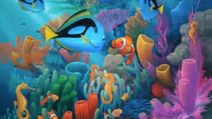 色彩繽紛的水下場景，有魚類、海馬和珊瑚礁。 — 海底總動員 壁紙