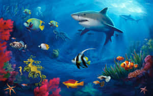 水下場景，鯊魚、魚類和珊瑚礁在藍色海洋光線中。 — 海洋藍 壁紙