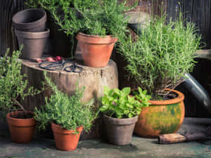 木樁上的各種盆栽香草和園藝工具。 — 花園 壁紙