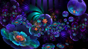 發光的碎形花朵以霓虹色彩漂浮在黑暗的宇宙場景中。 — 2560x1440 壁紙