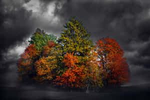 秋樹在黑暗的暴風雨天空下閃耀著紅色、橙色和綠色的葉子。 — 魔法森林 壁紙