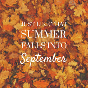 秋葉上寫著「Just like that summer falls into September」的文字。 — 九月 壁紙