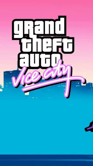 Grand Theft Auto Vice City 標誌，以粉紅和藍色漸變天空及城市天際線為背景。 — 粉紅色 壁紙