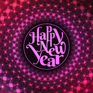 在發光的圓形圖案背景上，以粉紅色草書寫成的Happy New Year祝福。 — iPad Pro M4 壁紙