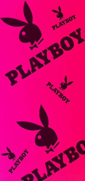粉紅色背景上的Playboy兔子標誌和文字圖案 — iPhone 15 Pro 壁紙