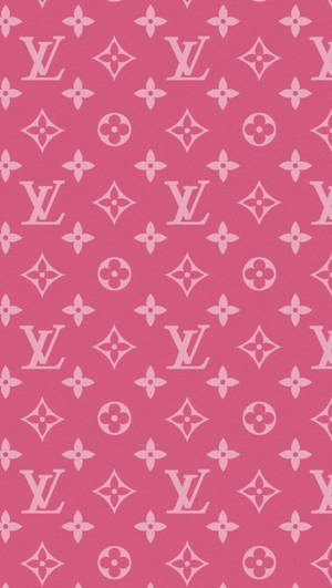 粉紅色背景，帶有白色 Louis Vuitton 字母組合和花卉圖案。