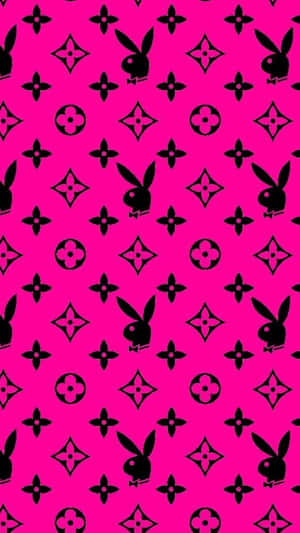 粉紅色背景，帶有黑色Playboy兔子和LV字母組合圖案。 — 花花公子 GIF 壁紙