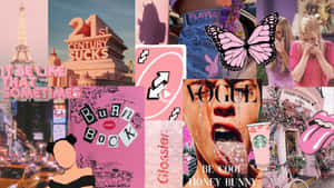粉紅色流行文化拼貼畫， featuring 艾菲爾鐵塔、Vogue 雜誌和標誌性標誌。 — 粉嫩粉彩美學 壁紙