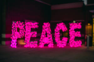 粉紅色燈光在夜間城市環境中拼出PEACE。 — 和平符號 壁紙