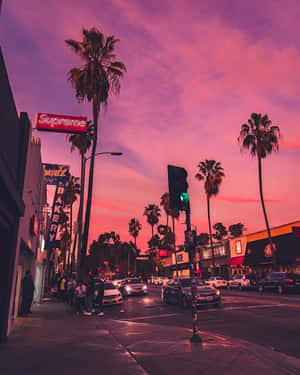 日落時分的城市街道，棕櫚樹和發光的店面在粉紅色的天空下。 — 夕陽天空 壁紙