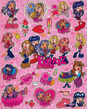粉紅色背景上帶有愛心和玫瑰的 Bratz 娃娃貼紙。 — 娃娃 壁紙