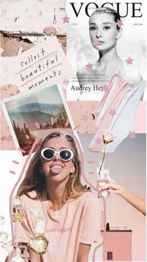 粉紅色拼貼畫，有 Audrey Hepburn、戴太陽眼鏡的女人、沙漠照片和玫瑰。 — 粉嫩粉彩美學 壁紙