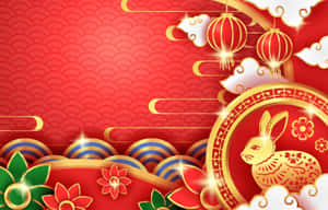 紅色背景上帶有兔子燈籠和花卉圖案的中國新年設計。 — 白兔 壁紙