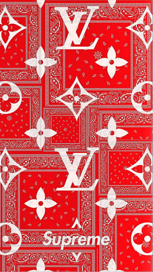 紅色和白色的奢華品牌圖案，帶有 Louis Vuitton 和 Supreme 標誌。