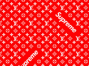紅色背景，帶有白色Louis Vuitton字母組合和對角線Supreme標誌。 — 桌面美學 壁紙
