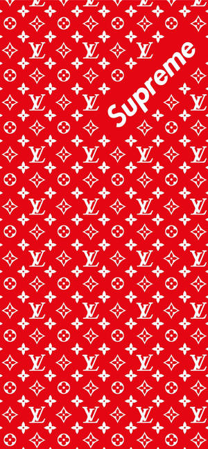 紅色背景，帶有白色 Louis Vuitton 字母組合和對角 Supreme 標誌。