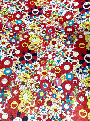 紅色背景上帶有明亮色彩笑臉花朵的壁紙。 — Tumblr 花朵 壁紙