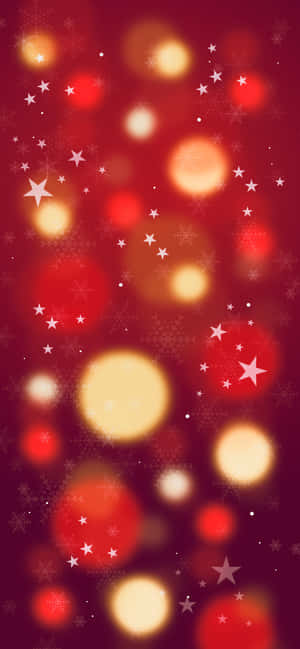 帶有發光金色圓圈和白色星星的節日紅色背景 — iPhone 15 壁紙