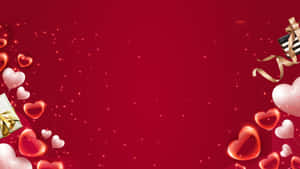 情人節的紅色背景，帶有漂浮的心形和禮物盒。