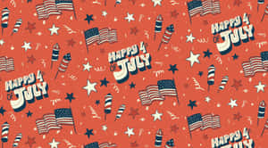 紅色背景，重複出現美國國旗、煙火和「Happy 4th of July」文字。 — 獨立紀念日 壁紙