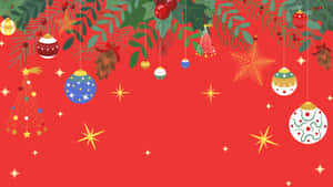節日聖誕裝飾，包括裝飾品、松果和星星，以紅色背景為襯托。 — 聖誕美學 壁紙