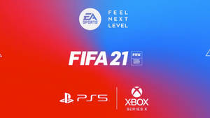 FIFA 21電子遊戲宣傳圖形，在紅藍漸變上帶有PlayStation 5和Xbox Series X標誌。 — 電玩遊戲 GIF 壁紙