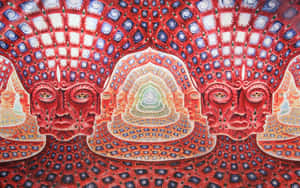 對稱的紅藍迷幻臉孔形成螺旋隧道圖案。 — 灰色 壁紙