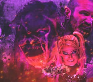 WWE WrestleMania摔角手在霓虹粉紅和紫色中帶有粗糙紋理。 — Alexa Bliss 壁紙